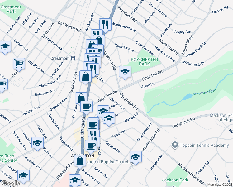 map of restaurants, bars, coffee shops, grocery stores, and more near 1703 Edge Hill Road in Abington
