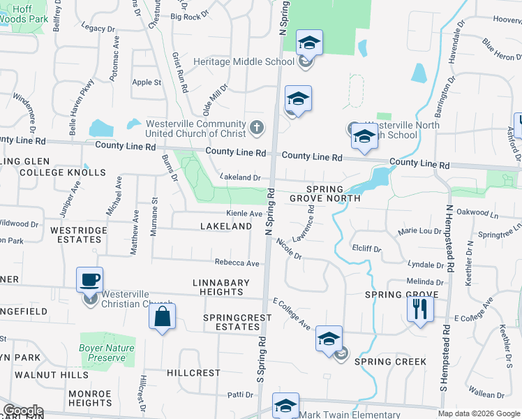 map of restaurants, bars, coffee shops, grocery stores, and more near 784 Kienle Avenue in Westerville
