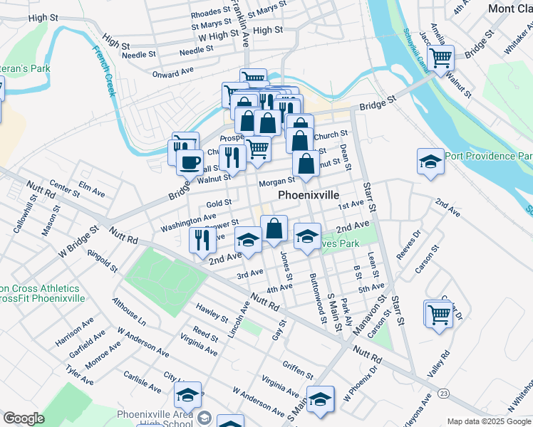 map of restaurants, bars, coffee shops, grocery stores, and more near 213 Gay Street in Phoenixville