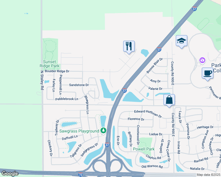 map of restaurants, bars, coffee shops, grocery stores, and more near 1307 Cobblestone Way in Champaign