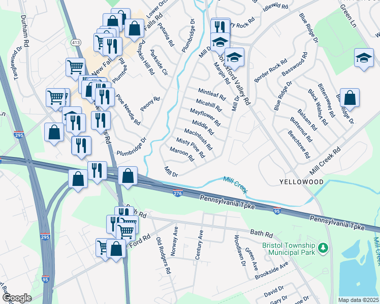 map of restaurants, bars, coffee shops, grocery stores, and more near 18 Maroon Road in Levittown