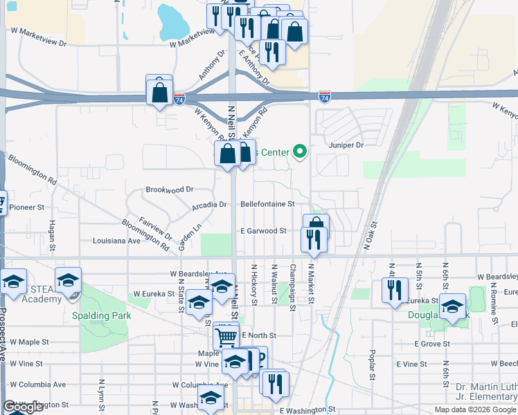 map of restaurants, bars, coffee shops, grocery stores, and more near 1312 North Hickory Street in Champaign