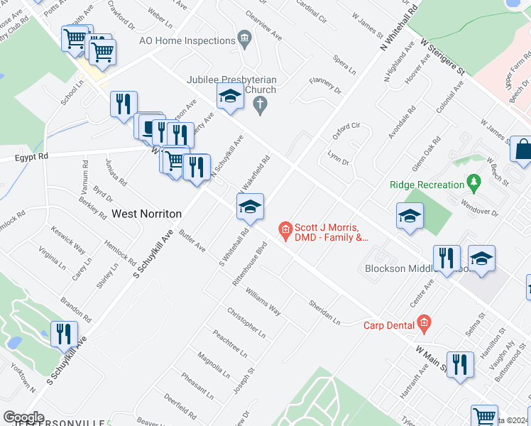 map of restaurants, bars, coffee shops, grocery stores, and more near 8 North Whitehall Road in Norristown