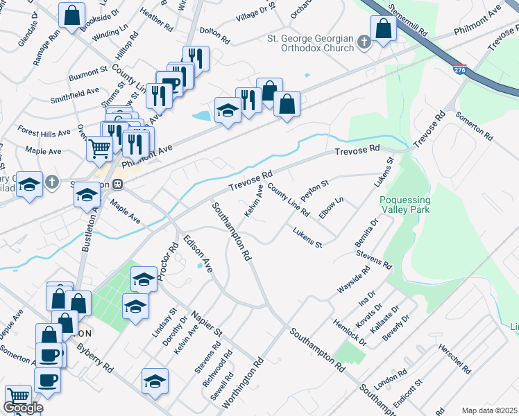 map of restaurants, bars, coffee shops, grocery stores, and more near 15045 Kelvin Avenue in Philadelphia