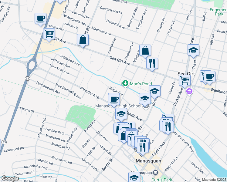 map of restaurants, bars, coffee shops, grocery stores, and more near 37 Newark Ave in Manasquan