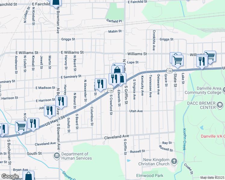 map of restaurants, bars, coffee shops, grocery stores, and more near 1209 East Main Street in Danville