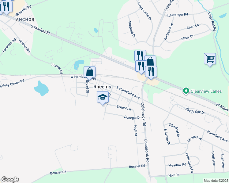 map of restaurants, bars, coffee shops, grocery stores, and more near 121 Libhart Alley in Elizabethtown