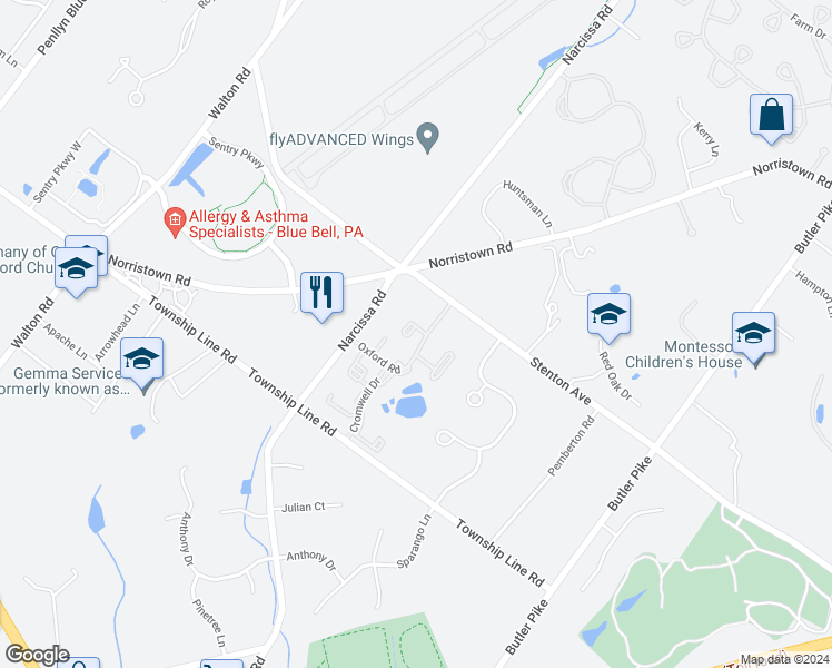 map of restaurants, bars, coffee shops, grocery stores, and more near 36 Yorktown Court in Blue Bell