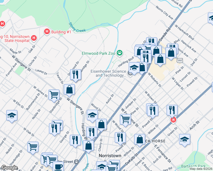 map of restaurants, bars, coffee shops, grocery stores, and more near 1420 Harding Boulevard in Norristown