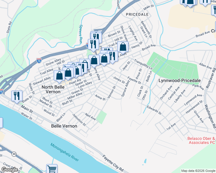 map of restaurants, bars, coffee shops, grocery stores, and more near 382 Fell Street in Belle Vernon