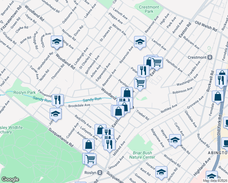 map of restaurants, bars, coffee shops, grocery stores, and more near 1353 High Avenue in Abington