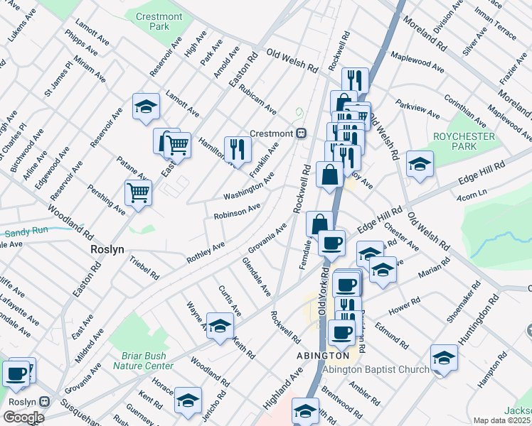 map of restaurants, bars, coffee shops, grocery stores, and more near 1570 Grovania Avenue in Abington