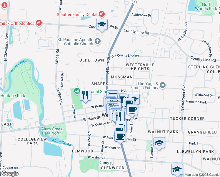 map of restaurants, bars, coffee shops, grocery stores, and more near 140 North State Street in Westerville