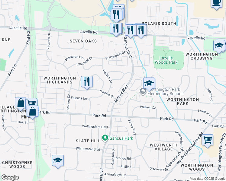 map of restaurants, bars, coffee shops, grocery stores, and more near 889 Pelham Court in Westerville