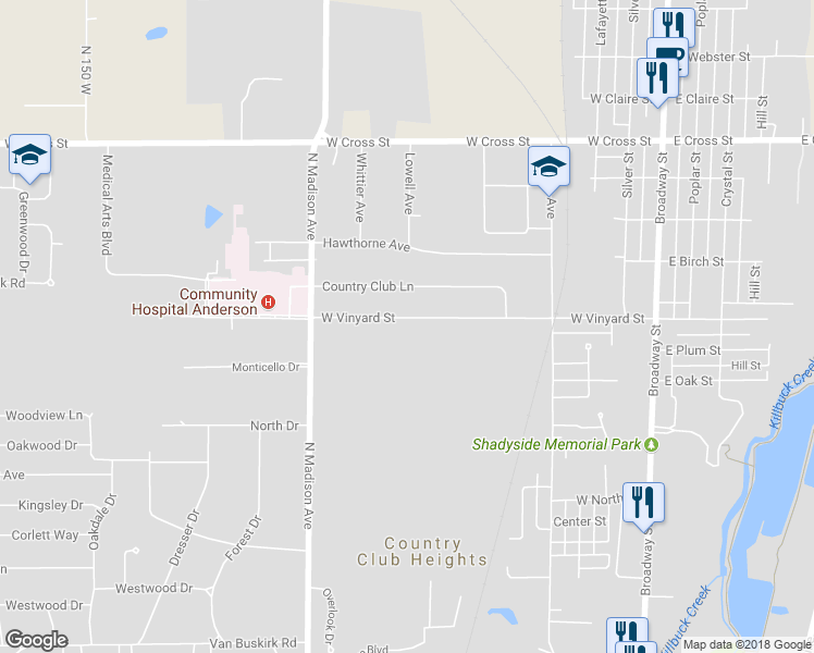 map of restaurants, bars, coffee shops, grocery stores, and more near 721 West Vinyard Street in Anderson