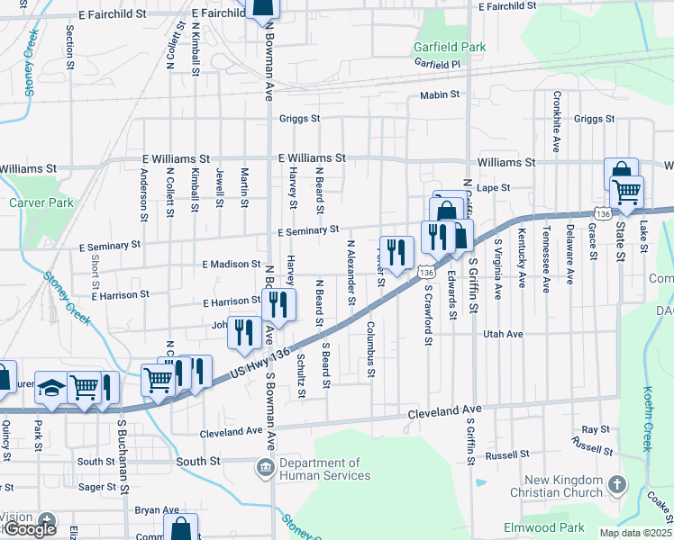map of restaurants, bars, coffee shops, grocery stores, and more near 1007 East Madison Street in Danville