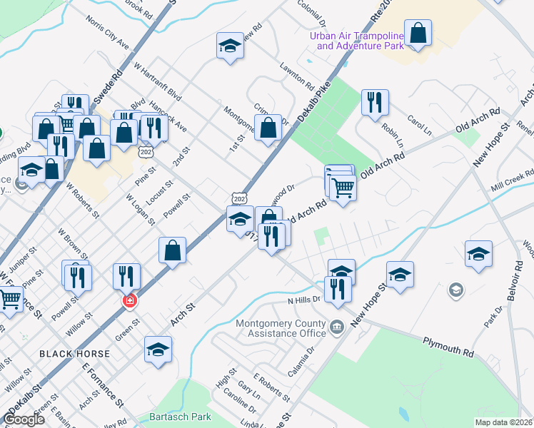 map of restaurants, bars, coffee shops, grocery stores, and more near 2005 Birchwood Drive in Norristown