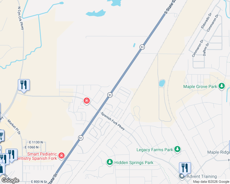 map of restaurants, bars, coffee shops, grocery stores, and more near 2955 South State Street in Springville