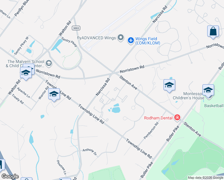 map of restaurants, bars, coffee shops, grocery stores, and more near 2 Wingate Court in Blue Bell