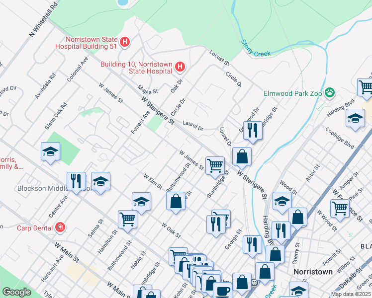 map of restaurants, bars, coffee shops, grocery stores, and more near 1109 West James Street in Norristown