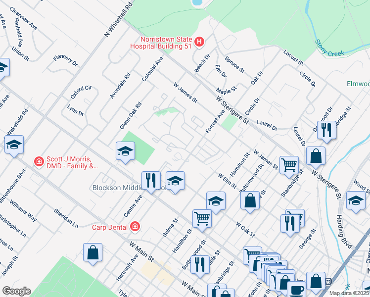 map of restaurants, bars, coffee shops, grocery stores, and more near 14 Meadow Lane in Norristown