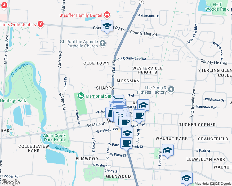 map of restaurants, bars, coffee shops, grocery stores, and more near 140 North State Street in Westerville
