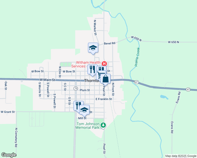 map of restaurants, bars, coffee shops, grocery stores, and more near 117 East Main Street in Thorntown