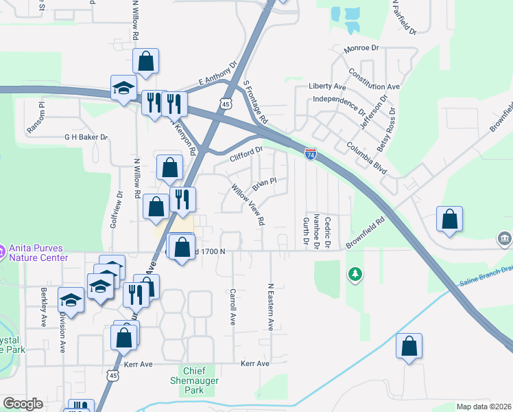 map of restaurants, bars, coffee shops, grocery stores, and more near 1303 Christopher Circle in Urbana