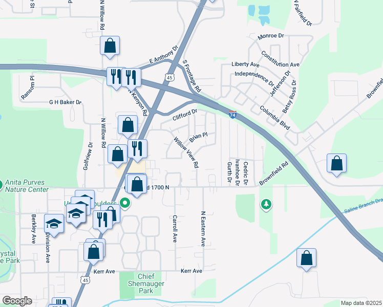 map of restaurants, bars, coffee shops, grocery stores, and more near 1211 Brad Drive in Urbana