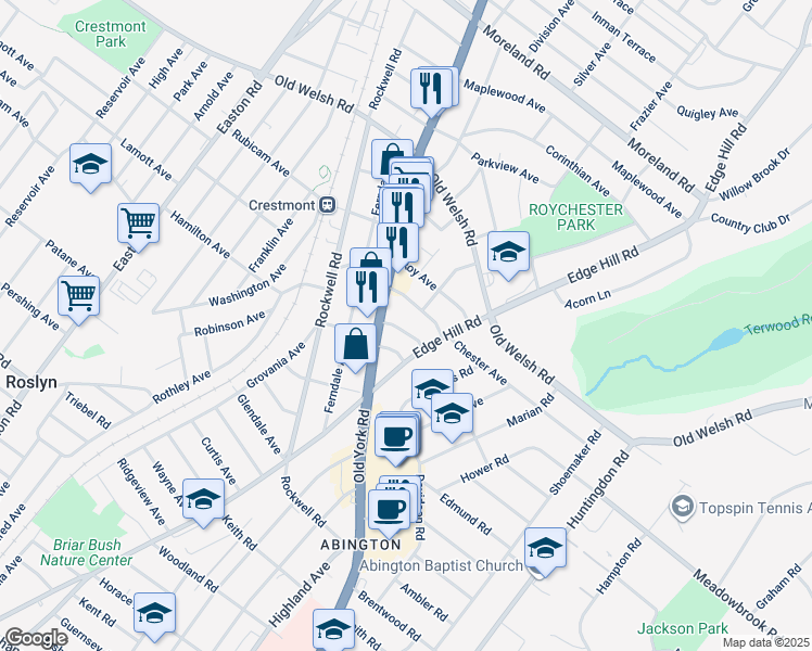 map of restaurants, bars, coffee shops, grocery stores, and more near 2025 Butler Avenue in Abington