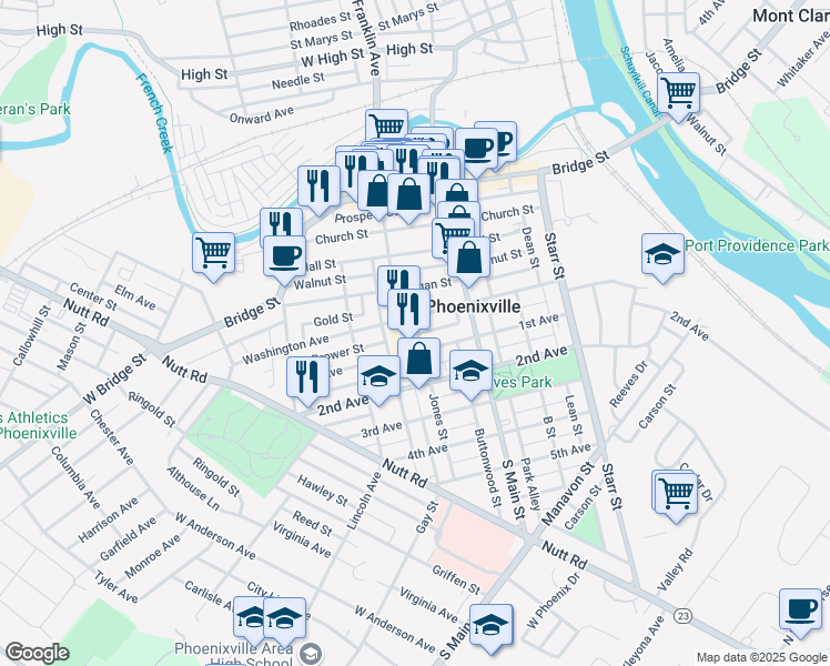 map of restaurants, bars, coffee shops, grocery stores, and more near 212 Jones Street in Phoenixville