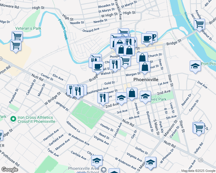 map of restaurants, bars, coffee shops, grocery stores, and more near 365 Washington Avenue in Phoenixville