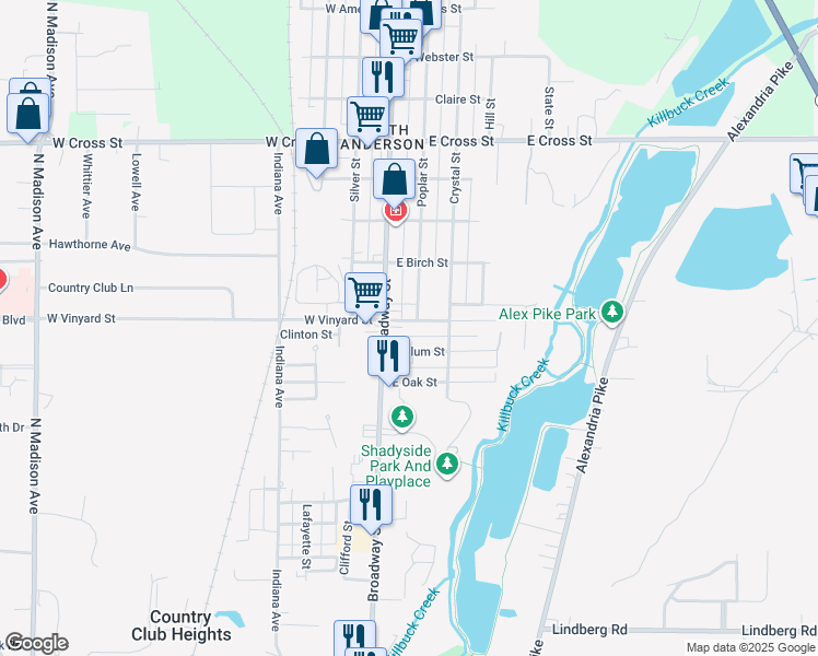 map of restaurants, bars, coffee shops, grocery stores, and more near 25 East Vinyard Street in Anderson