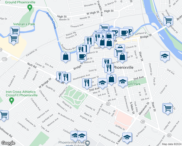 map of restaurants, bars, coffee shops, grocery stores, and more near 367 Washington Avenue in Phoenixville