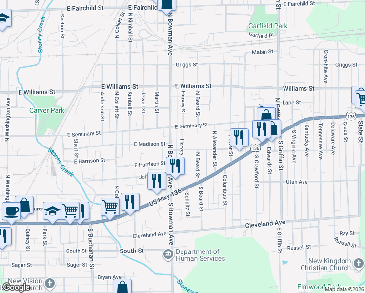map of restaurants, bars, coffee shops, grocery stores, and more near 907 East Madison Street in Danville