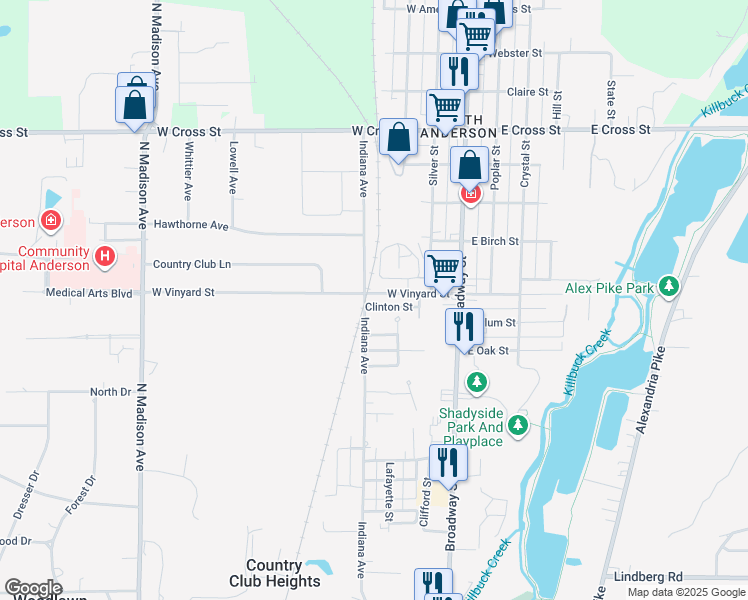 map of restaurants, bars, coffee shops, grocery stores, and more near 231 West Vinyard Street in Anderson