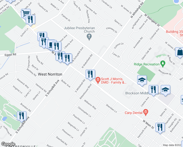 map of restaurants, bars, coffee shops, grocery stores, and more near 14 North Whitehall Road in Norristown