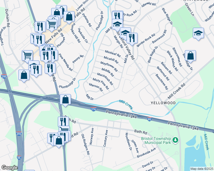 map of restaurants, bars, coffee shops, grocery stores, and more near 28 Misty Pine Road in Levittown