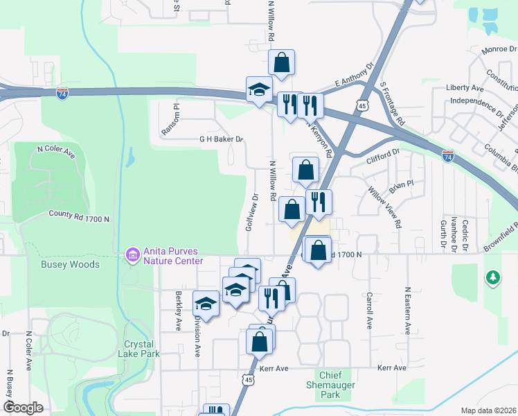 map of restaurants, bars, coffee shops, grocery stores, and more near 1804 Golfview Drive in Urbana