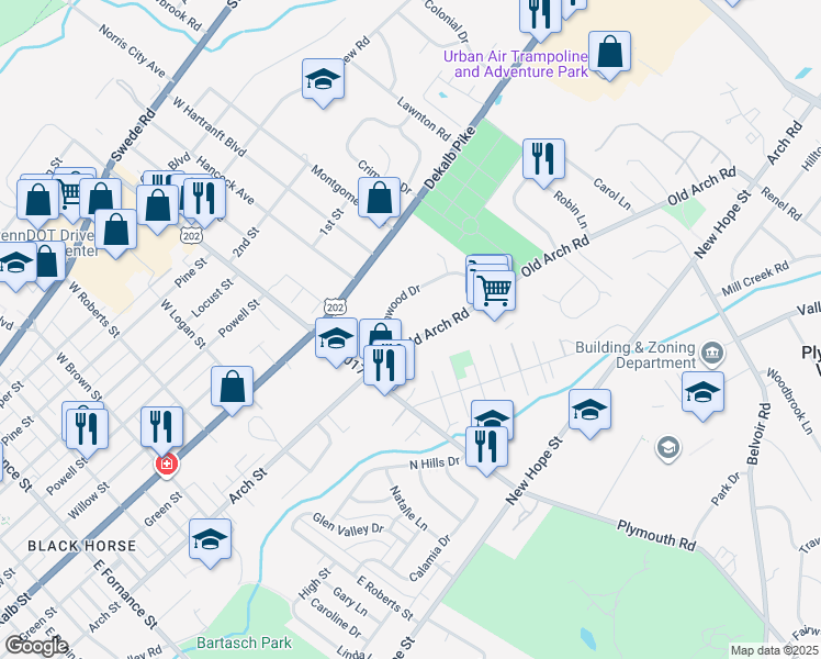map of restaurants, bars, coffee shops, grocery stores, and more near 2031 Old Arch Road in Norristown