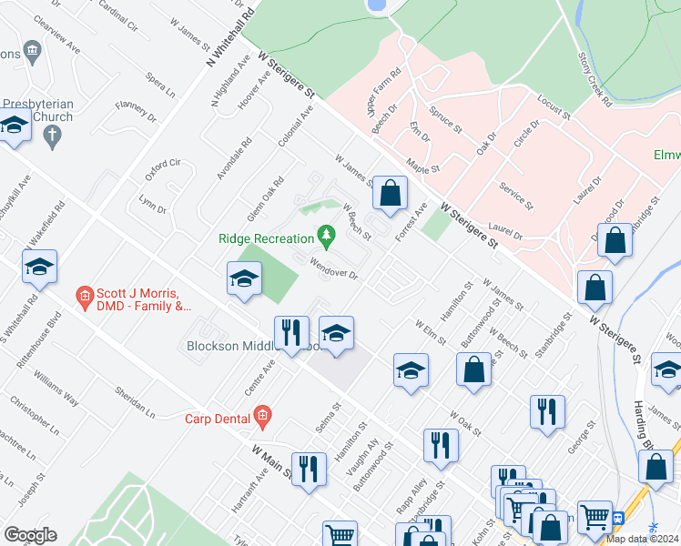 map of restaurants, bars, coffee shops, grocery stores, and more near 130 Wendover Drive in Norristown