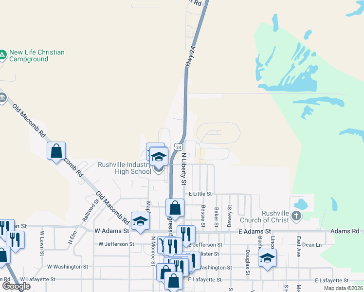 map of restaurants, bars, coffee shops, grocery stores, and more near 820 North Liberty Street in Rushville