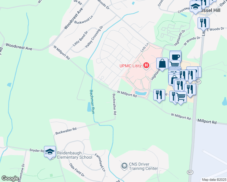 map of restaurants, bars, coffee shops, grocery stores, and more near 801 Buckwalter Road in Lititz