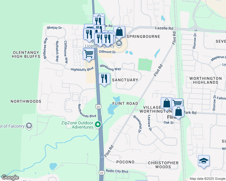 map of restaurants, bars, coffee shops, grocery stores, and more near 101 Lake Bluff Drive in Columbus