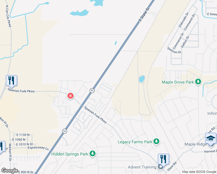 map of restaurants, bars, coffee shops, grocery stores, and more near 1926 East 1600 North in Springville