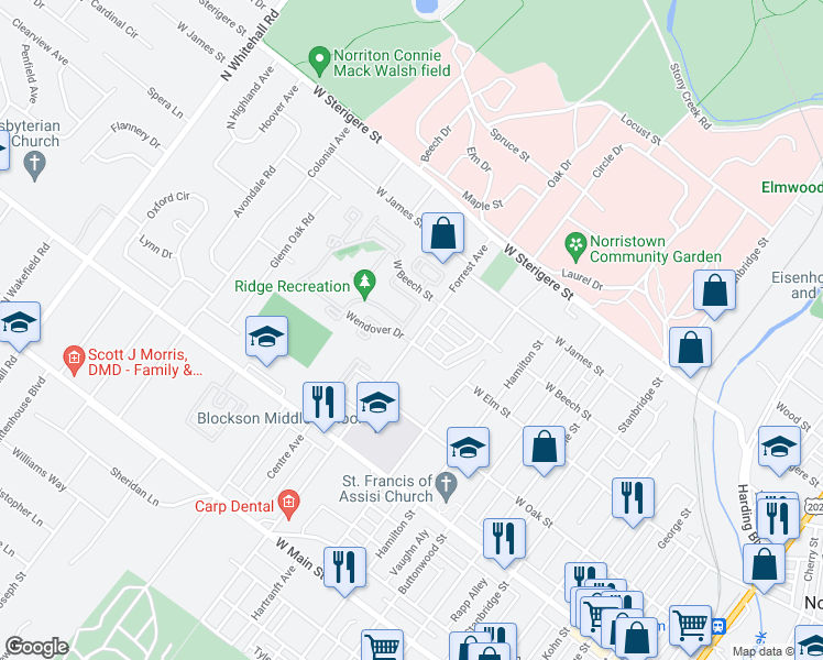 map of restaurants, bars, coffee shops, grocery stores, and more near 14 Meadow Lane in Norristown