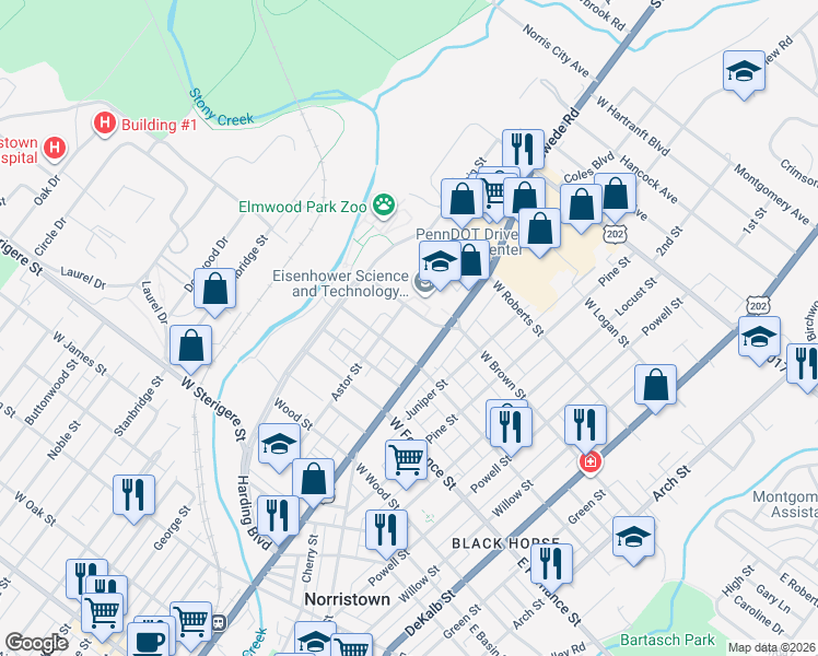 map of restaurants, bars, coffee shops, grocery stores, and more near 318 Coolidge Boulevard in Norristown