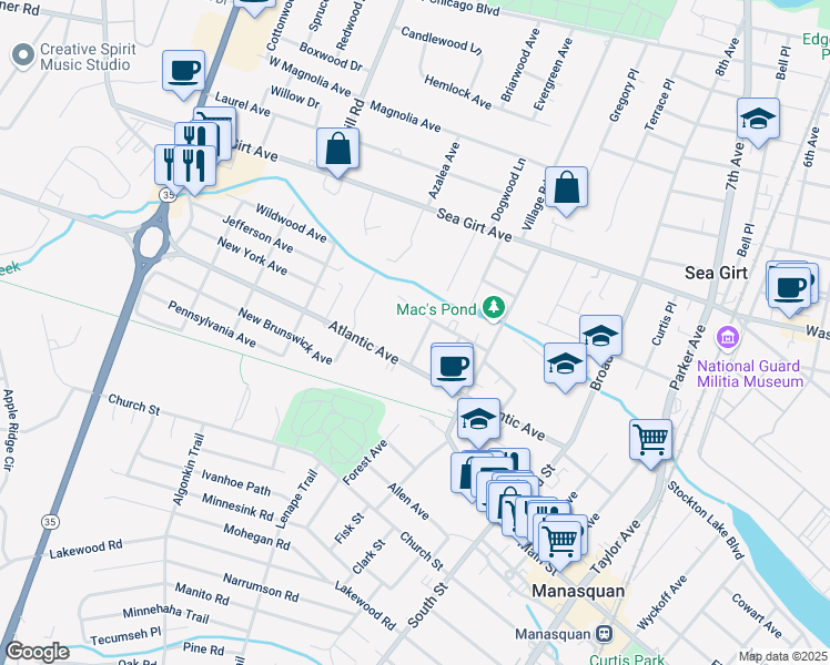 map of restaurants, bars, coffee shops, grocery stores, and more near 27 Trenton Avenue in Manasquan