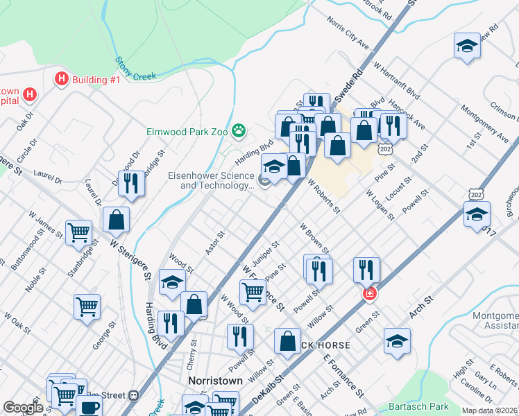 map of restaurants, bars, coffee shops, grocery stores, and more near 318 Coolidge Boulevard in Norristown