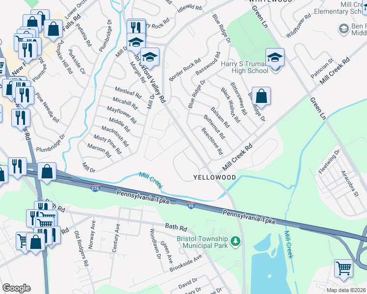 map of restaurants, bars, coffee shops, grocery stores, and more near 285 Juanita Court in Levittown